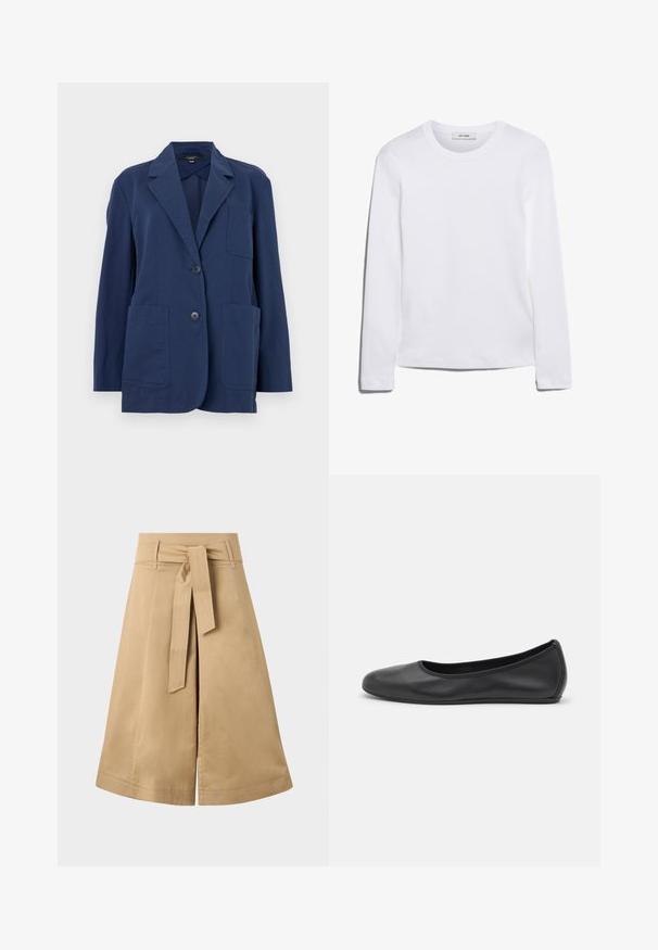 Navy blazer in lightweight fabric, features a notched collar, two large front pockets, and two-button closure. Smooth texture with subtle sheen.; Long-sleeve white T-shirt made of ribbed cotton, featuring a round neckline and a straight hem. Simple design with no patterns or accents.; Khaki midi wrap skirt with a tie belt, made of lightweight cotton, featuring a flared silhouette and visible stitching details.; Black leather ballet flat with a rounded toe, smooth texture, minimal stitching detail, and a flexible sole design.