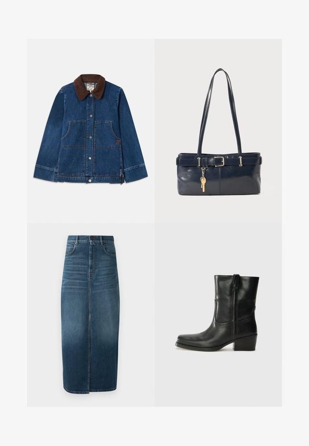 Džinsu jaka ar tumši brūnu korduroja apkakli, priekšējiem pogām ar snap, divām priekšējām kabatām un diskretu logotipa plāksteri sānos.; Balts īsajām piedurknēm blouse ar zilu ziedu izšuvumu, apaļu kakla izgriezumu un sarežģītiem rakstiem pa priekšu un piedurknēm.; Tumši indigo džinsu midi svārki ar priekšējo šķēlumu un vieglu izbalējumu. Klasicks piecu kabatu dizains ar metāla pogas aizdari.; Melna ādas potīte ar noapaļotu purngalu, bloku papēdi, sānu rāvējslēdzēju un šuvju akcentiem uz virsmas. Gluda tekstūra, klasiskā dizaina.; Jūras spēku stila ādas rokassoma ar divām garām rokturiem, ar sprādzi un pievienotu atslēgu piekariņu. Iezīmējas ar gludu tekstūru un taisnstūra formas.