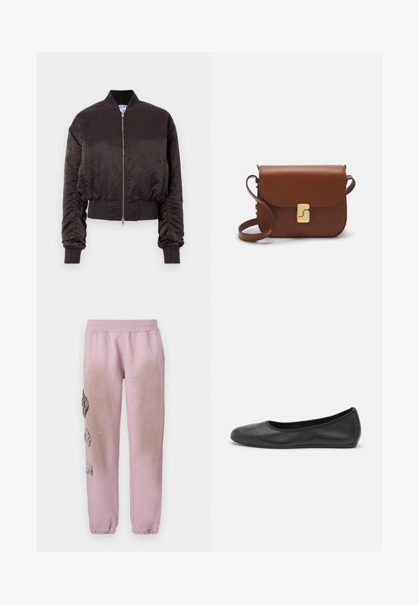 Tmavohnedá bomber bunda s hladkým, lesklým materiálom, so zipsom vpredu, manžetami z rebrového materiálu a elastickým pásom, s jemným naťahovaním na rukávoch.; Biela krátka tričko s krátkymi rukávmi vyrobené z rebrovanej látky. Klasický okrúhly výstrih, bežný strih a jemné švy. Bez vzorov alebo grafiky.; Ružové tepláky s elastickým pásom, s ozdobnými nášivkami v tvare diamantu na ľavej strane a elastickými manžetami na členkoch.; Čierne kožené baleríny s okrúhlou špičkou, hladkým povrchom, minimálnym prešívaním a flexibilným dizajnom podrážky.; Hnedá kožená kabelka s klopou, zlatými kovovými prvkami, ramenným popruhom a hladkým povrchom. Kompaktný obdĺžnikový tvar.