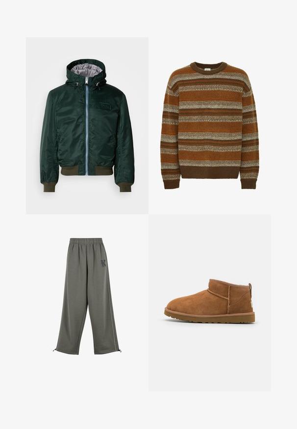 Ciemnozielona kurtka bomberka z kapturem, srebrna podszewka, zamek błyskawiczny z przodu, ściągacze przy mankietach i u dołu, oraz naszywka z logo na klatce piersiowej.; Solid MAXWELL brązowy; Karl Kani SIDESTRIPE jasnozielony melanż; Beżowe zamszowe botki za kostkę z okrągłym noskiem, subtelnymi detalami przeszyć oraz teksturowaną gumową podeszwą. Niskie, bez sznurówek.