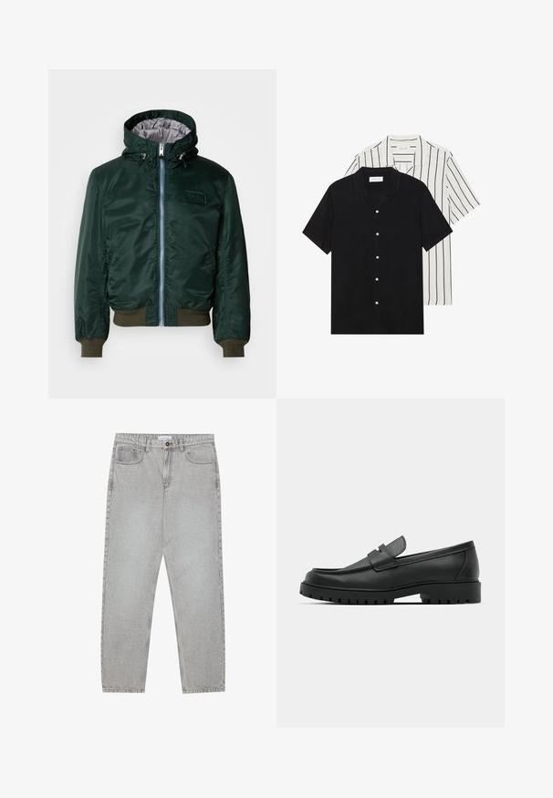 Tumši zaļš bomber jakas ar kapuci, sudraba iekšējais oderējums, priekšējā rāvējslēdzēja aizdare, ribota aproces un apakšmalas, kā arī logo uzlīme krūtīs.; Divi īsām piedurknēm krekli: viens pilnīgi melns, otrs balts ar melnām vertikālām svītrām. Abi ir aprīkoti ar pogu aizdari un klasisko apkakli.; Gai pelēko džinsu bikses ar taisnajām kājām, piecu kabatu stilu un pogu aizdari. Redzama šuvju apstrāde gar šuvēm.; Melnas ādas loafers ar noapaļotu purngalu, ar izšūtu dizainu, zemu platformas zoli un teksturētu, rievotu gumijas ārējo zoli.