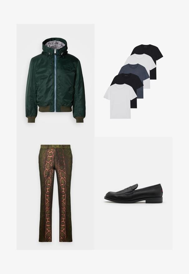 Tmavozelená bomber bunda s kapucňou, strieborná podšívka, zips na prednej strane, rebrované manžety a lem, a nášivka s logom na hrudi.; Sada piatich tričiek v čiernej, bielej a námorníckej modrej farbe. Bavlnený materiál, krátke rukávy, dizajn s okrúhlym výstrihom a hladká textúra bez vzorov.; Zelené vzorované nohavice s designom hadieho potlače v odtieňoch hnedého a oranžového, rovného strihu a hladkej textúre.; Čierne kožené loafers s hladkým povrchom, zaoblenou špičkou a malým dekoratívnym klapom. Vlastnosti zahŕňajú nízky vrstvený podpätok a decentný branding.