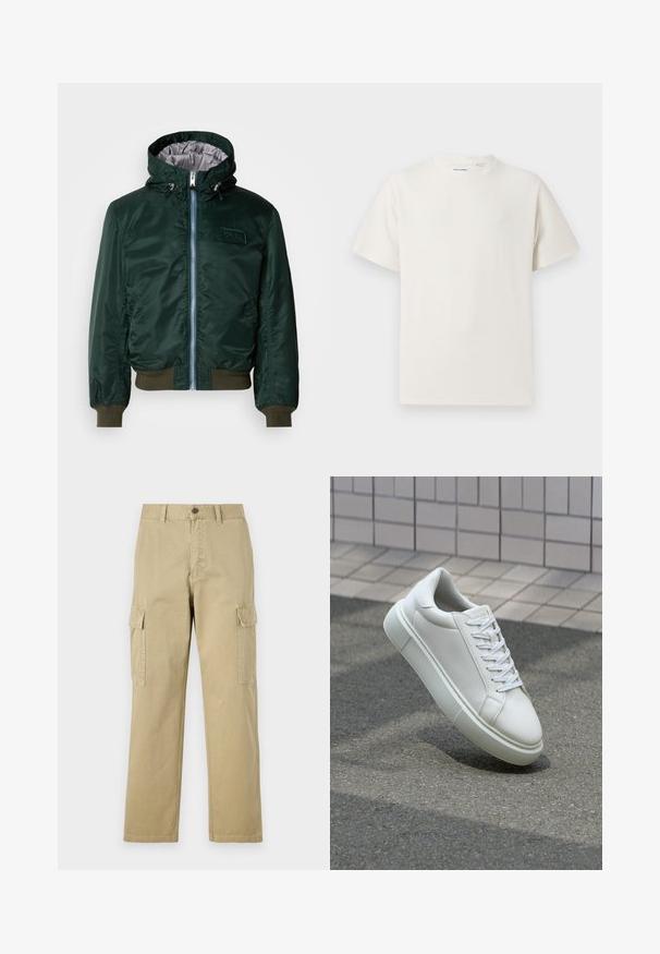 Casaco bomber verde escuro com capuz, forro interior prateado, fecho frontal com zípper, punhos e bainha canelados, e logótipo no peito.; T-shirt branco de manga curta em textura canelada. Gola redonda, ajuste descontraído, sem padrões ou detalhes visíveis. Design simples e versátil.; Calças cargo bege feitas de algodão, com dois bolsos laterais, fecho de botão e pernas retas com um tecido ligeiramente texturizado.; Tênis de couro branco com superfície lisa, bico redondo e cadarços brancos planos. Apresenta uma sola de borracha texturizada e elementos de design minimalistas.