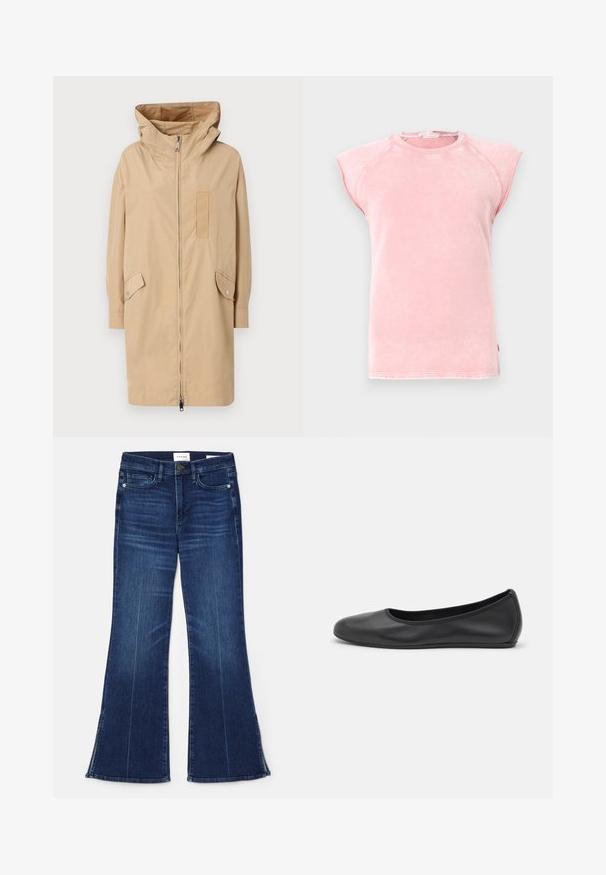 Bežs ūdensizturīgs jaka ar kapuci, priekšējo rāvējslēdzēju, pogām uz piedurknēm, divām sānu kabatām un teksturētu uzlīmi uz krūtīm.; Rozā bezpiedurkņu T-krekls mīkstā audumā, ar apaļu izgriezumu un neapstrādātiem roku caurumiem, kas izceļas ar kontrastējošām šuvēm.; Tumši zili zvērīši, izgatavoti no denima. Iespējas augsta jostasvieta, priekšējās kabatas un šķēlumi apakšmalā. Klasisks piecu kabatu dizains.; Melna ādas baleta kurpe ar noapaļotu purngalu, gludu tekstūru, minimālu šuvju detalizāciju un elastīgu zoles dizainu.