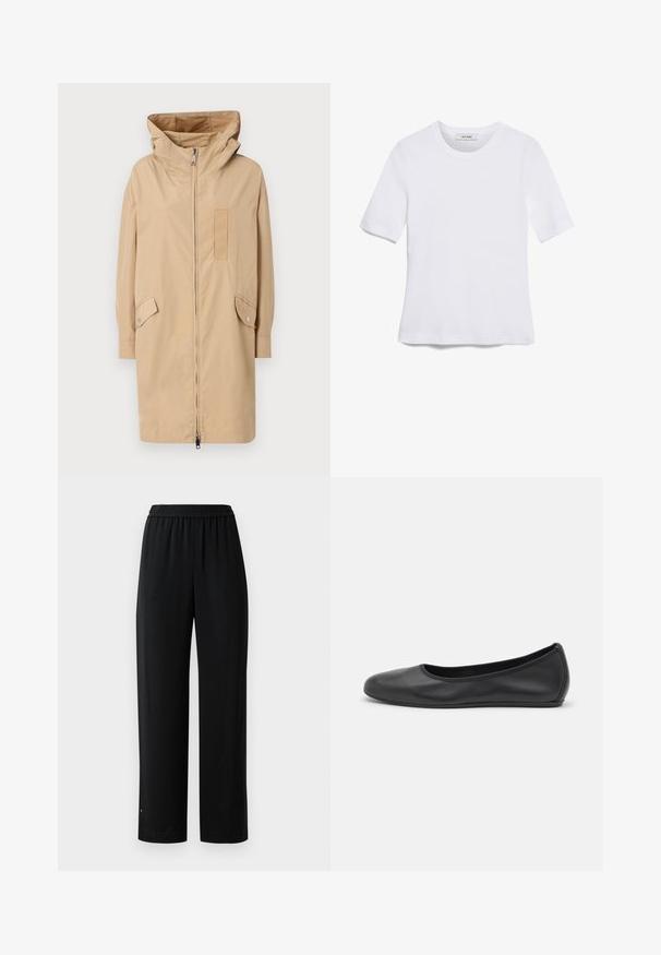 Giacca beige impermeabile con cappuccio, zip frontale, bottoni a pressione sulle maniche, due tasche laterali e una toppa strutturata sul petto.; T-shirt bianca a maniche corte realizzata in tessuto a costine. Collo rotondo, vestibilità regolare e dettagli di cucitura sottili. Senza motivi o grafiche.; Pantaloni neri a gamba larga realizzati in un tessuto morbido con cintura elastica. Presentano una vestibilità dritta e dettagli minimi. Adatti per un abbigliamento casual.; Pantofole da balletto nere in pelle con punta arrotondata, texture liscia, dettagli di cucitura minimi e design con suola flessibile.