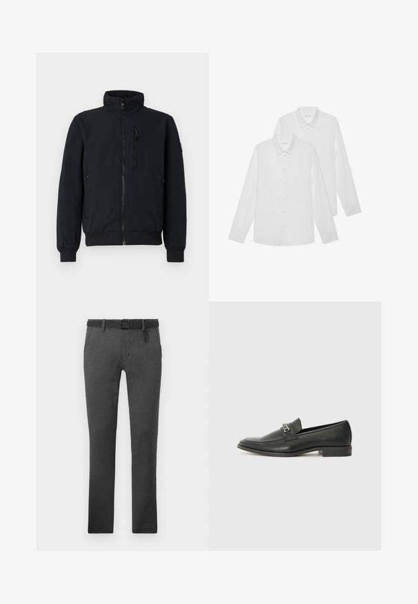 Črna bomberska jakna z visokim ovratnikom, sprednjim zadrgo, rebrastimi manšetami in dvema stranskima žepoma. Gladek material s teksturiranim pasom.; Dvoja bele srajce z dolgimi rokavi, zasnovana iz gladkega blaga, s klasičnim ovratnikom in zapenjanjem spredaj, z enakomerno teksturo.; Temno sivi hlače iz teksturiranega materiala, z črnim pasom, zankami za pas in dvema stranskima žepoma. Ravne hlačnice, brez vidnih vzorcev.; Črni usnjeni loafer z gladko površino, ki ima šivano zasnovo in dekorativni kovinski verižni naglas preko vampirja. Ravno peto.