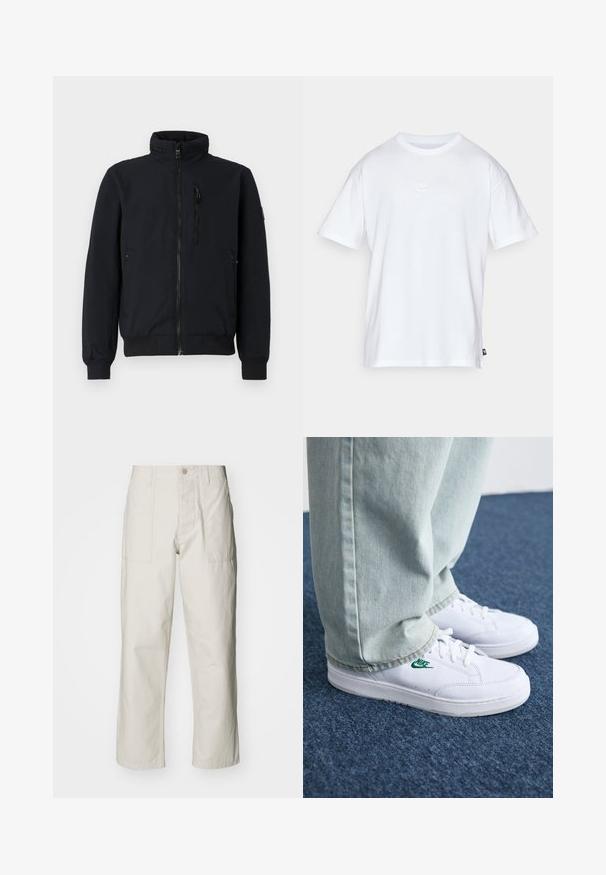 Casaco bomber preto com colarinho alto, fecho frontal, punhos canelados e dois bolsos laterais. Tecido suave com uma cintura texturizada.; T-shirt de algodão branco com mangas curtas e decote redondo. Apresenta um pequeno e discreto logótipo da Nike no peito e uma etiqueta lateral.; Calças largas em bege claro, feitas de algodão. Apresentam bolsos frontais e fecho com botão. Textura suave com linhas verticais subtis.; Tênis de couro brancos com logo verde da Nike, bico redondo, sola plana, combinados com calças de denim azul claro, exibidos sobre um tapete azul.