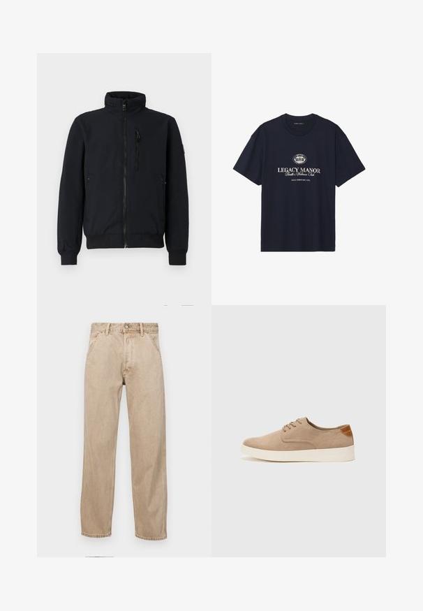 Črna bomberska jakna z visokim ovratnikom, sprednjim zadrgo, rebrastimi manšetami in dvema stranskima žepoma. Gladek material s teksturiranim pasom.; Temno modra bombažna majica s kroženim ovratnikom, kratkimi rokavi in osrednjo grafiko, ki prikazuje "Legacy Manor" v bež črkah.; Beige jeans iz džinsa s ravnim nogavicama, ki imajo sprednje žepe, kovinsko zapiranje in subtilno teksturo.; Bež tkanine usnjene superge z zaobljenim nosom, vezalkami na sprednji strani in teksturiranim zadnjim detajlom. Belo gumijasto podplato zagotavlja kontrast. Enostaven in sodoben dizajn.