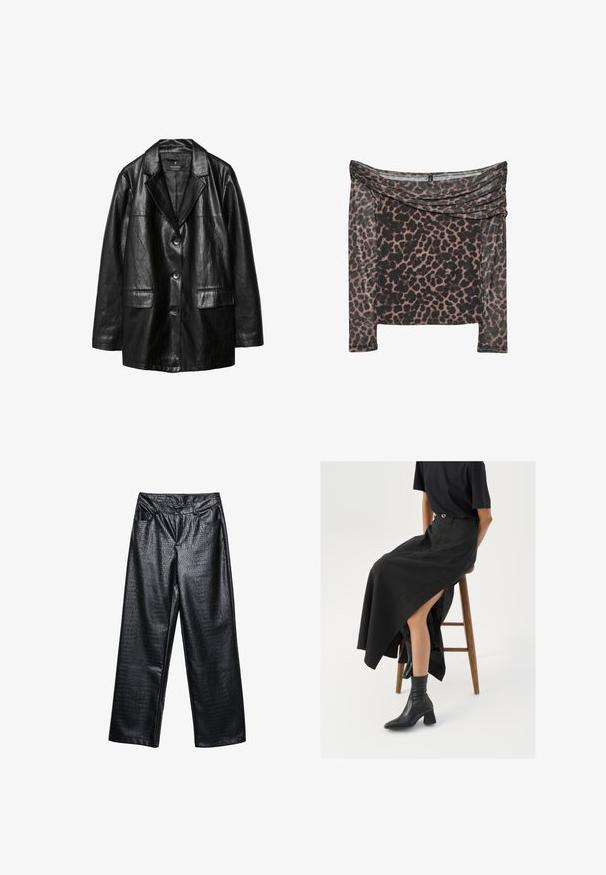 Blazer in pelle nera con colletto a risvolto, chiusura con bottone a una fila, due tasche frontali e texture liscia e lucida.; Top a maniche lunghe off-the-shoulder in stampa leopardo nera e marrone, con scollatura drappeggiata e tessuto morbido e texture.; Pantaloni larghi in finta pelle nera con una trama testurizzata a coccodrillo, dotati di tasche frontali e chiusura a bottone in vita.; Gonna maxi in lino nera con uno spacco alto, indossata con una t-shirt nera e stivaletti neri. Design minimalista con una vestibilità rilassata.