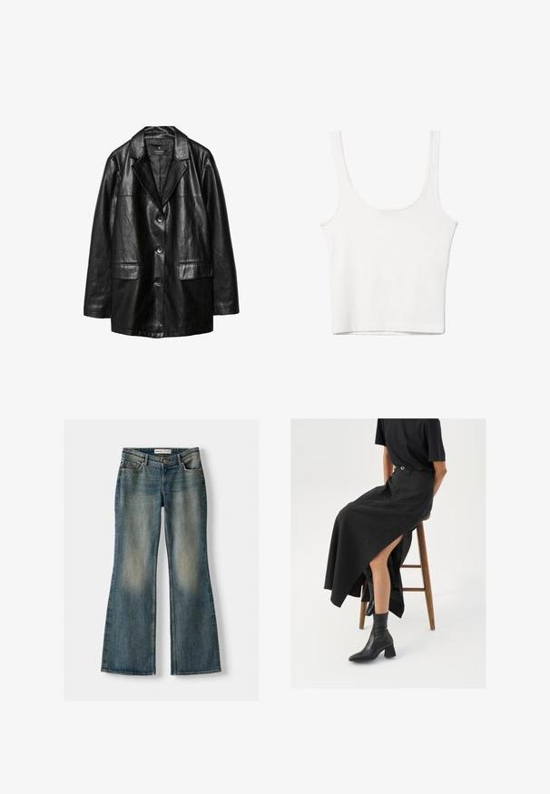Čierny kožený blejzer s vykrojeným golierom, jednoprepojovacím uzáverom, dvojicou predných vreciek a hladkou, lesklou textúrou.; Biely bavlnený top bez rukávov s okrúhlym výstrihom a priliehavým strihom. Hladká textúra, jednoduchý dizajn a minimálne švy.; Modré vyšívané džínsy s vyblednutým vzhľadom, piatimi vreckami a zapínaním na gombík. Materiál zobrazuje denimovú textúru s jemnými švovými detailmi.; Čierna ľanová maxi sukňa s vysokým rozparkom, nosená s čiernym tričkom a čiernymi členkovými čižmami. Minimalistický dizajn s voľným strihom.