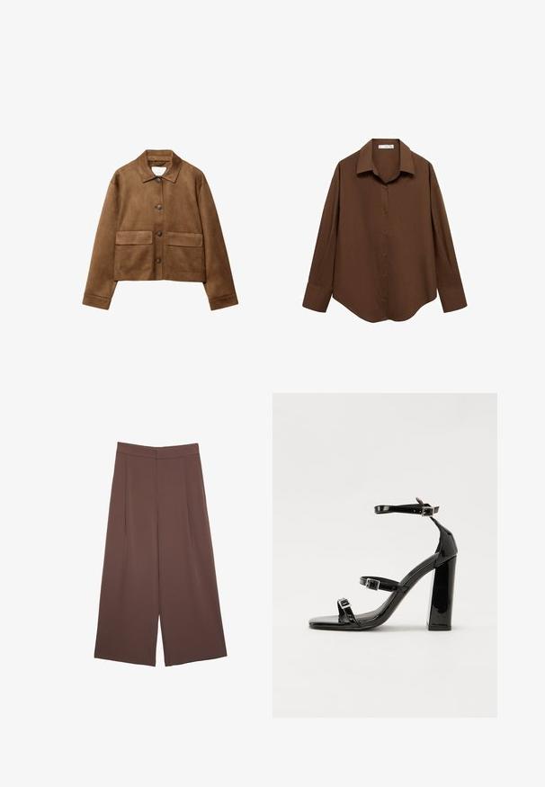 Veste en daim marron avec un col, fermeture à boutons sur le devant et deux grandes poches. Fini texturé et coupe courte.; Mango Chemisier - brown; Pantalons larges marron avec une texture lisse, dotés d'une taille haute et de plis à l'avant. Le tissu est léger et tombe de manière fluide.; Sandales à talons vernies noires avec un bout carré, des sangles autour de la cheville et des boucles en argent. Dotées d'un talon bloc épais pour plus de stabilité.