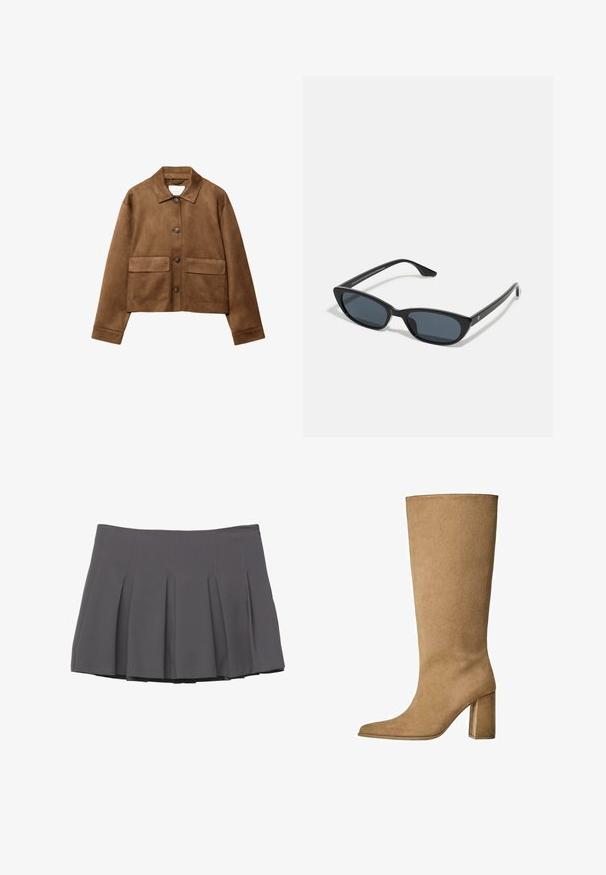 Brahno zamšast plašč z ovratnikom, sprednjim zapiranjem na gumb in dvema velikima žepoma. Teksturna površina in skrajšana zasnova.; Svetlo modra srajca z dolgimi rokavi, s ovratnikom na gumb in enim žepom na prsih, ter sproščenim krojem. Gladka tekstura materiala in klasičen dizajn.; Siva plisirana krila z gladko teksturo, z nenatančnimi detajli in prilegajočim pasom, ki se končuje na višini sredine stegna.; Tanki suede škornji do kolen v bež barvi z blok peto, z ošiljenim nosom in gladko teksturo. Minimalističen dizajn brez okraskov.; Črne mačkaste sončne očala z temnimi lečami, plastičnim okvirjem, ozkimi stebli ter diskretnim logotipom na notranji strani ročaja. Mat zaključna tekstura.