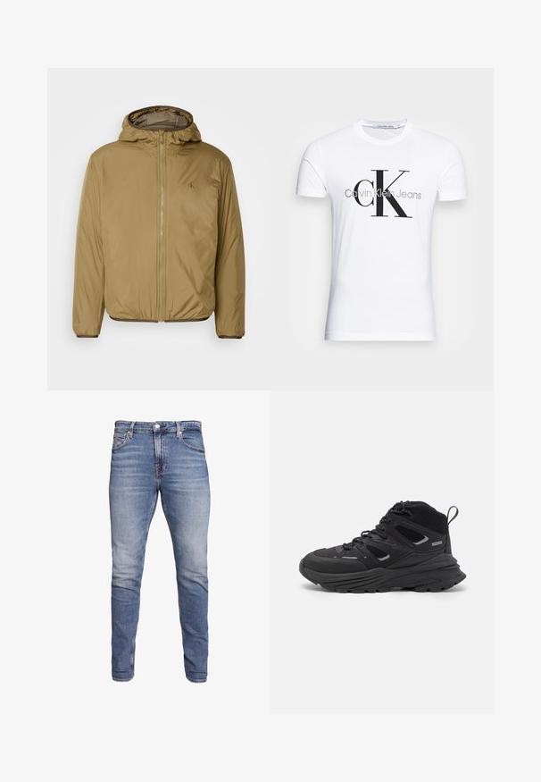 Καφέ μπουφάν με μόνωση και κουκούλα, με φερμουάρ μπροστά, ελαστικούς καρπούς και διακριτό λογότυπο στο στήθος. Απαλή, ελαφριά υφή.; Λευκό βαμβακερό μπλουζάκι με μαύρο λογότυπο "CK" και κείμενο "Calvin Klein Jeans", κοντά μανίκια και κλασικό στρογγυλό ντεκολτέ.; Μπλε στενά τζιν παντελόνια με πέντε τσέπες, ξεθωριασμένο φινίρισμα, κλείσιμο με κουμπί και θηλιές ζώνης, τοποθετημένα σε λευκό φόντο.; Μαύρα παπούτσια πεζοπορίας με σχεδίαση σε στρώσεις, υφασμάτινη υφή και καουτσούκ σόλα, με ενισχυμένα σημεία και κορδόνια.
