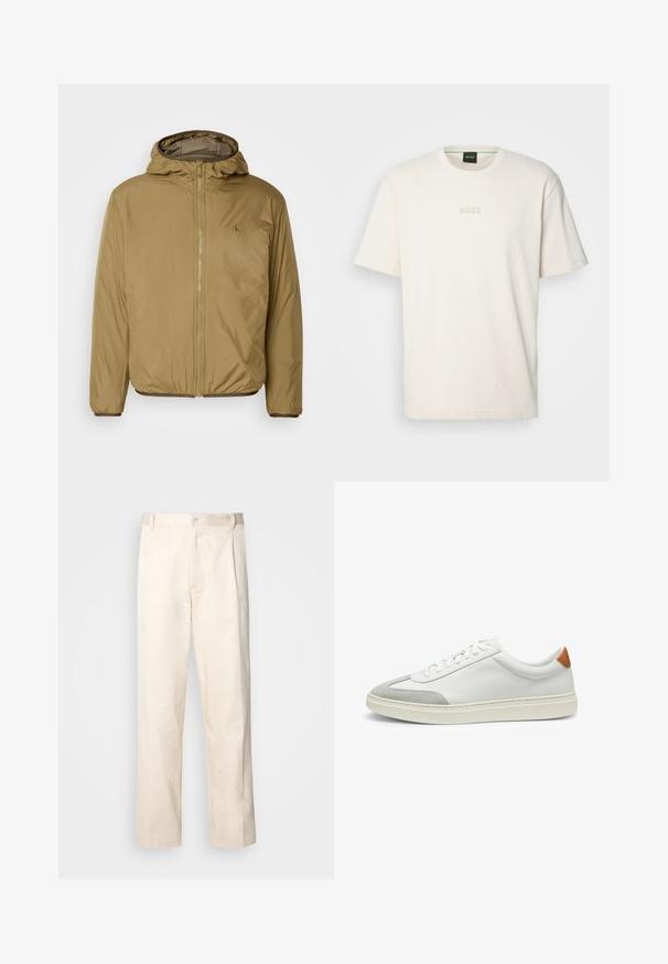 Tan isolerad jacka med huva, featuring en framdragkedja, elastiska ärmslut och en diskret logotyp på bröstet. Slät, lätt textur.; BOSS TEE - T-shirt - bas - open white; Beiga bomullbyxor med rak benform, utrustade med knappstängning och veck framtill för extra detalj.; Vita lädersneakers med grå mockadetaljer och en tab i brunt läder på hälen. Har en strukturerad yta och en lätt sula.