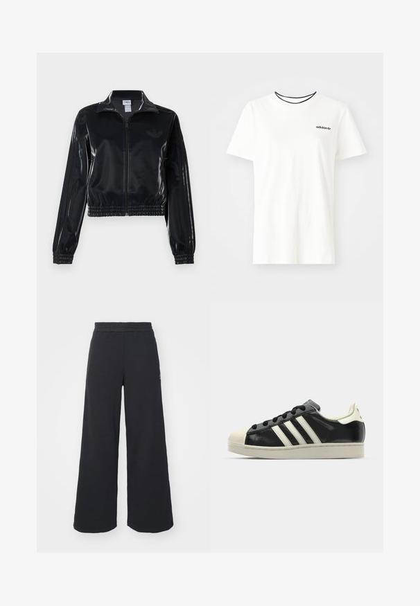 Μαύρο γυαλιστερό ζακέτα με φερμουάρ και ελαστικούς καρπούς και στρίφωμα, με διακριτικές τρεις λωρίδες στα μανίκια και λογότυπο σε τονική απόχρωση στο στήθος.; Λευκό βαμβακερό t-shirt με κοντά μανίκια και στρογγυλή λαιμόκοψη. Διαθέτει ένα μαύρο λογότυπο της Adidas στο στήθος και αντίθετο μαύρο εσωτερικό επίδομα.; Μαύρα ανοιχτά παντελόνια φόρμας από μαλακό υλικό, με ελαστική μέση και μικρό λογότυπο στην αριστερή πλευρά.; Μαύρα δερμάτινα sneakers με λευκές ρίγες, καουτσούκ προστατευτικό στην μύτη, μαύρα κορδόνια και κρεμ outsole. Λείος υφής με γυαλιστερή φινίρισμα.