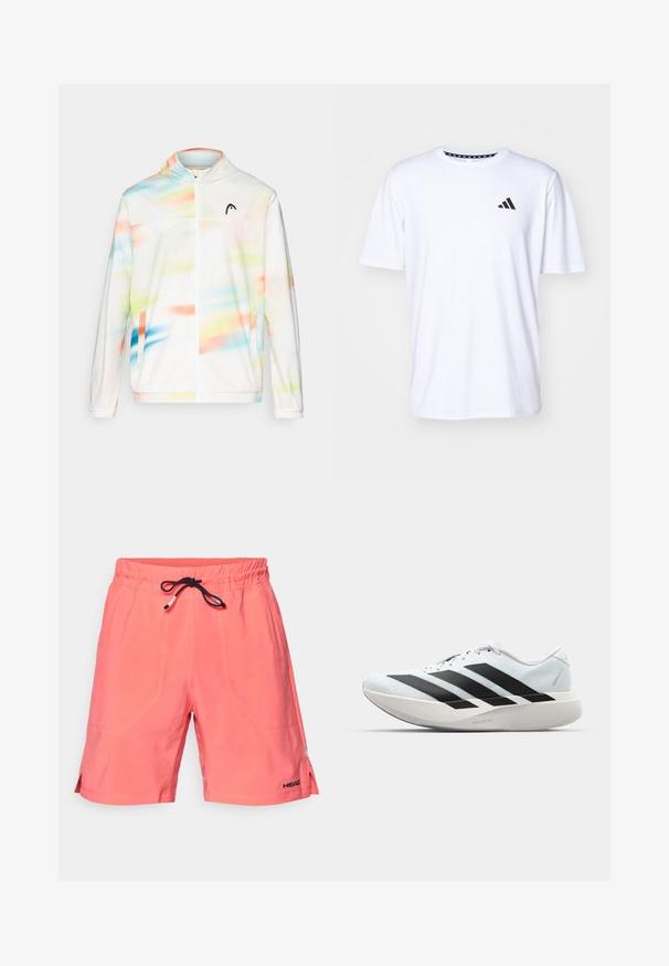 Chaqueta cortavientos con capucha en blanco, que presenta un patrón abstracto colorido con tonos de azul, verde, rosa y naranja, y un cierre frontal.; Camiseta blanca de manga corta fabricada con una tela de textura suave. Presenta un logo negro de adidas en el lado izquierdo del pecho y un cuello con un patrón.; Bañador coral hecho de tejido ligero, con cinturilla elástica y cordón ajustable negro externo, que presenta aberturas laterales y detalle del logo.; Zapatillas de running ligeras en azul pálido con rayas negras. Presentan una parte superior suave, puntera redonda y una gruesa mediasuela blanca etiquetada como "LIGHTSTRIKE PRO".