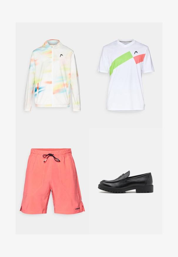 Huvtröja i vitt med en färgglad abstrakt mönstring i nyanser av blått, grönt, rosa och orange, samt en framzipper.; Vit atletisk tröja med V-ringning, med diagonala accenter i grön och rosa. Tillverkad av lättviktig, andningsbar tyg.; Korallfärgade badshorts i lätt tyg, med elastisk midja och extern svart dragsko, samt sidofickor och logotypdetalj.; Svarta lädersneakers med rund tå, som är lätta att ta på och av, och en tjock gummisula med strukturerat grepp. Höjd klack och diskreta sömnadsdetaljer.