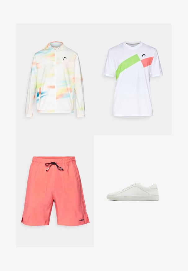 Witte hoodie windbreaker jas, met een kleurrijk abstract patroon in tinten blauw, groen, roze en oranje, en een ritssluiting aan de voorkant.; Witte sportieve shirt met een V-hals, voorzien van diagonale accenten in groen en roze. Gemaakt van lichtgewicht, ademende stof.; Koraal kleurige zwembroek van lichtgewicht stof, met een elastische tailleband en een externe zwarte trekkoord, voorzien van zijopeningen en logodetail.; Witte leren sneaker met een ronde neus, platte zool en minimalistisch ontwerp. Heeft zes veterogen en een subtiele naaddetail aan de zijkant.