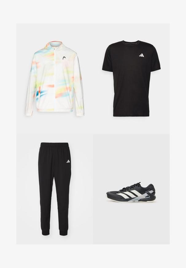 Hooded windbreaker jacket in white, featuring a colorful abstract pattern with shades of blue, green, pink, and orange, and a front zipper.; Black cotton t-shirt with short sleeves, crew neckline, and a white logo on the left chest. Smooth texture and simple design.; Black athletic pants with an elastic waistband, cuffed ankles, and white Adidas logo on the left thigh. Made from lightweight, smooth fabric.; Black athletic shoe with white stripes, mesh upper, rounded toe, and cushioned sole. Features a textured heel and secure lacing system.