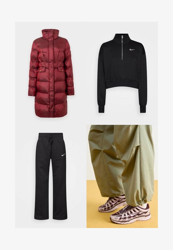 Červený zateplený zimní kabát s vysokým límcem, dvěma předními kapsami a rovný střih. Vyrobený z lesklého, lehkého materiálu.; Černá zkrácená mikina s vysokým límcem, polovičním zipem, žebrovanými rukávy a malým bílým logem Nike na levé hrudi. Měkký textilní povrch.; Černé tepláky vyrobené z bavlněné směsi, s elastickým páskem na šňůrku, rovnými nohavicemi a bílým logem Nike na levé straně.; Sportovní tenisky se šedým a tmavě fialovým designem, s prodyšným svrškem, podpůrnými pásky a gumovou podrážkou, kombinované s volnými zelenými kalhotami.