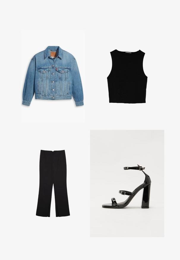 Niebieska kurtka dżinsowa w klasycznym stylu, zapinana na guziki, z dwiema kieszeniami na piersi. Posiada spiczasty kołnierz i lekko oversize'owe rękawy.; Czarny bezrękawnik crop top z gładkiego materiału, z okrągłym dekoltem i czystym, prostym wzornictwem, bez wzorów czy metalowych elementów.; Czarne spodnie o prostym kroju, z przednimi kieszeniami i bocznymi rozcięciami na dole. Wykonane z miękkiego, gładkiego materiału. Odpowiednie na różne okazje.; Czarne lakierowane sandały na obcasie z kwadratowym noskiem, z paskami wokół kostki i srebrnymi klamrami. Posiadają masywny słupek dla stabilności.