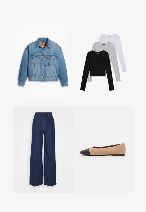 Hele sinine teksajakk klassikalise disainiga, eesnuppudega ja kahe rindkoti taskuga. Omab teravat kraed ja veidi ülekaalulisi varrukaid.; Kolm pikkade varrukatega toppi, mis on üksteise peale asetatud: must, hall ja valge. Igal ühel on ümar kaelus ja lühike disain, valmistatud siledast, kergekaalulisest kangast.; Kõrge vöökohaga laiad tumesinised teksapüksid, millel on ees- ja tagataskud, nööpide sulgemine ning nähtavad õmblusdetailid.; Beežist nubukist balletkingad musta nahast ümara ninaotsaga, madala kanna ja siledaga, millel on minimaalne õmblus ja lihtne disain.