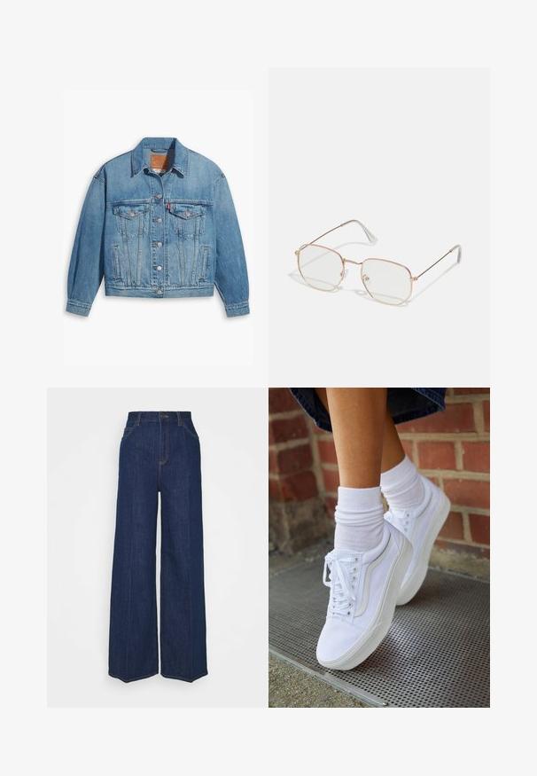 Svijetloplavi traper jakna s klasičnim dizajnom, dugmadi sprijeda i dva džepa na prsima. Ima oštar ovratnik i malo prevelike rukave.; Tri dolga rokava zložena: črna, siva in bela. Vsaka ima okroglo izreznico in skrajšan dizajn z gladkim, lahkotnim materialom.; Temno modri džins s širokimi nogavicami in visokim pasom, z žepi spredaj in zadaj, gumbom za zapiranje in vidnimi šivi.; Beli platneni športni čevlji z gumijastimi podplati, s šestimi luknjicami za vezalke, okroglo konico in svetlimi šivi, v kombinaciji z belimi gležnjački nogavicami.; Pravilno uokvirjene očale z debelim, rožnatim zlatim kovinskim okvirom. Jasni leči, prozorne ročice in nežen detajl okoli leč.