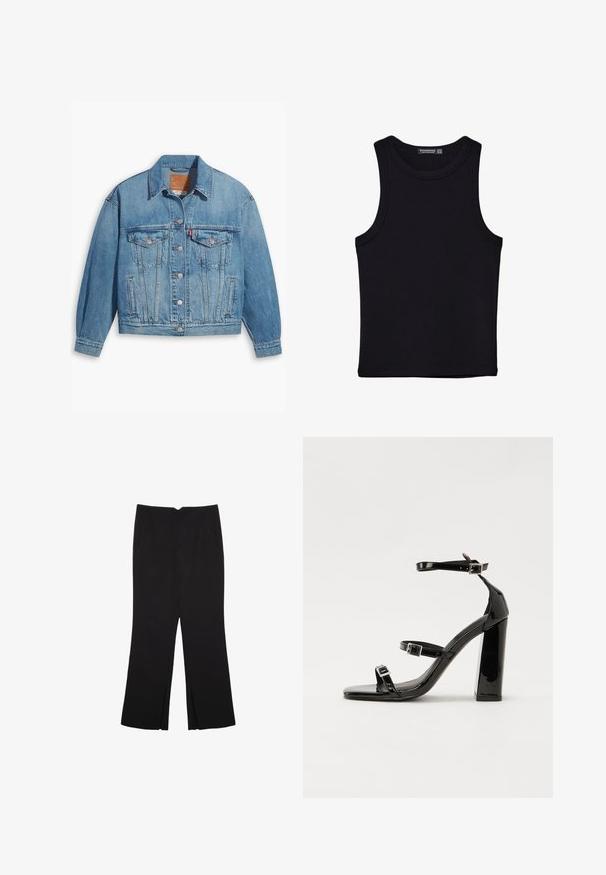 Svetlomodrá denimová bunda s klasickým dizajnom, s predným zapínaním na gombíky a dvoma náprsními vreckami. Má špicatý golier a mierne nadmerné rukávy.; Čierny tank top vyrobený z bavlny, s okrúhlym výstrihom a širokými ramienkami. Hladká textúra so zošitými okrajmi. Klasický, minimalistický dizajn.; Čierne nohavice so strihom rovného strihu, s prednými vreckami a bočnými rozparkami na leme. Vyrobené z mäkkej, hladkej tkaniny. Vhodné na rôzne príležitosti.; Čierne lakované sandále na podpätku so štvorcovou špičkou, navlečenými remienkami okolo členku a striebornými prackami. Disponujú masívnym blokovým podpätkom pre stabilitu.
