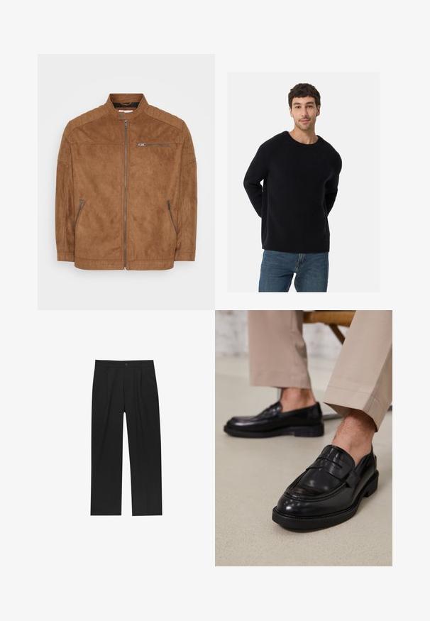 Giacca in suede marrone con colletto alto, chiusura a zip frontale e due tasche laterali. Presenta dettagli imbottiti sulle spalle e una texture liscia.; Maglione nero a coste con scollatura rotonda e vestibilità morbida. Tessuto morbido, maniche lunghe, abbinato a jeans blu.; Pantaloni neri con un design a gamba dritta, realizzati in un tessuto liscio. Presentano pieghe frontali e una chiusura a un bottone in vita.; Mocassini in pelle nera con finitura liscia, dotati di una cintura decorativa e cuciture a contrasto, abbinati a pantaloni beige.