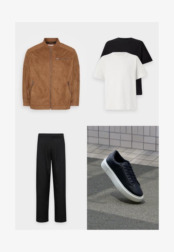 Braune Wildlederjacke mit Stehkragen, Reißverschluss vorne und zwei Seitentaschen. Verfügt über gesteppten Schulterakzent und glatte Textur.; Baumwoll-T-Shirt-Set bestehend aus einem schwarzen Oberteil und einem weißen Oberteil, beide mit kurzen Ärmeln, Rundhalsausschnitt und normaler Passform. Texturiert.; Schwarze Hose aus glattem Stoff, mit geradem Bein Design, zwei vorderen Falten und einem Standardbund mit Gürtelschlaufen.; Schwarze Leder-Sneaker mit runder Zehenpartie und weißer Gummisohle. Verfügt über flache Schnürsenkel und minimale Nähte im Obermaterial. Strukturiertes Sohlenprofil für besseren Halt.