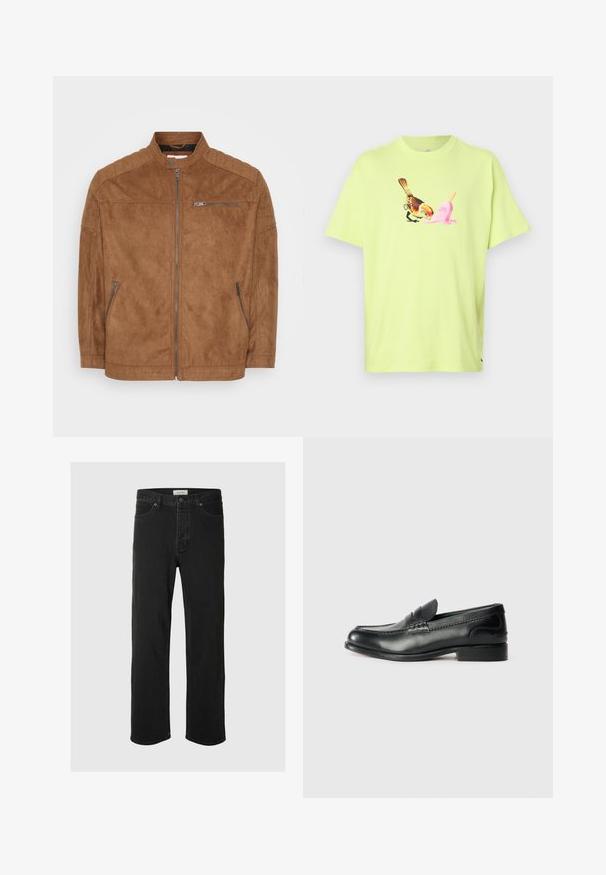 Giacca in suede marrone con colletto alto, chiusura a zip frontale e due tasche laterali. Presenta dettagli imbottiti sulle spalle e una texture liscia.; T-shirt di cotone verde lime con grafica di un uccello e un cono gelato rosa, dotata di colletto tondo semplice e maniche corte.; I jeans in denim nero a gamba dritta presentano un classico design a cinque tasche con chiusura a bottone, cuciture minime e una texture morbida.; Mocassini in pelle nera con finitura liscia, dettagli cuciti sulla parte superiore e tacco leggermente rialzato.