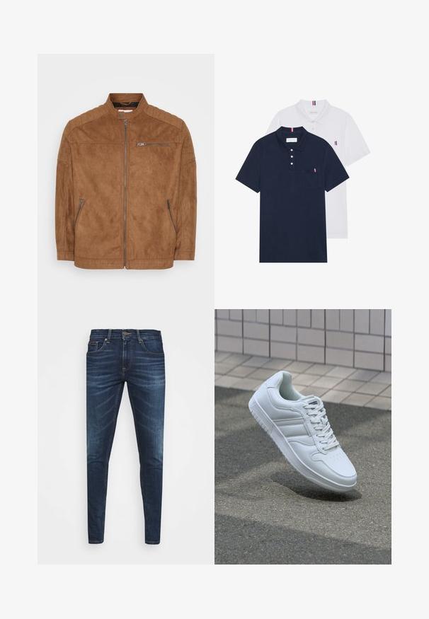 Pruun sueded jakk, millel on seismiskrae, lukuga esikülg ja kaks küljetaskut. Omab kootud õlavarre rõhku ja sujuvat tekstuuri.; Kaks polo särki: üks tumesinine ja üks valge, mõlemal on rinnataskul ja krael väike punase, valge ja sinise aktsent.; Tumedat sinised teksad kitsas lõikes, kerge kulumisega, viie taskuga ja metallnööbiga sulgemine. Õmmeldud aktsendid kontrastsetes värvides.; Valge spordijalanõud silederja nahkvarrega, ninast paeltega, perforatsiooni tõttu ventilatsiooniga ning mustrilise tallaga. Minimalistlik disain, millel on kolm külgmist triipu.