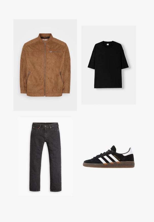 Braune Wildlederjacke mit Stehkragen, Reißverschluss vorne und zwei Seitentaschen. Verfügt über gesteppten Schulterakzent und glatte Textur.; Schwarzes Baumwoll-T-Shirt mit kurzenÄrmeln, Rundhalsausschnitt und lockerer Passform. Glatte Textur und minimalistisches Design, ohne Muster oder Akzente.; Schwarze gerade geschnittene Jeans aus Denim mit fünf Taschen, Knopfverschluss und Kupfernieten auf einem weißen Hintergrund flach ausgelegt.; Schwarzer Adidas Sneaker mit weißen Streifen, goldenem "Spezial"-Text, Gummisohle und weißem Fersenbereich, seitliche Ansicht.