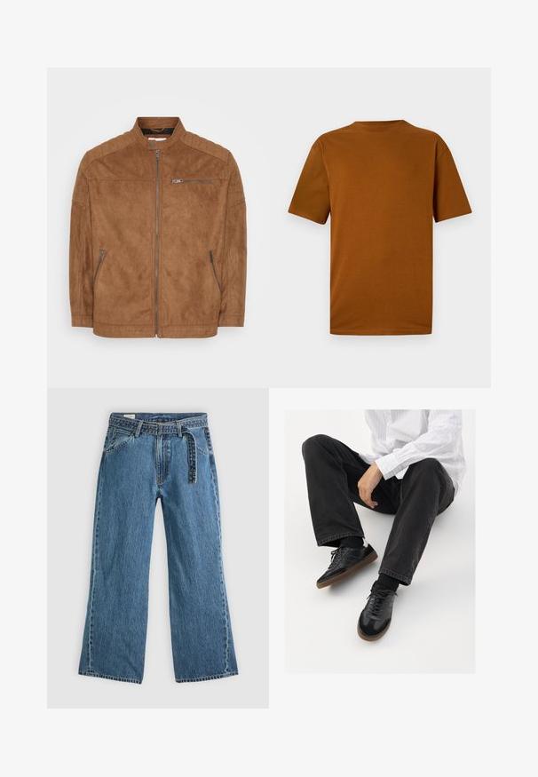 Καφέ σουέτ μπουφάν με όρθιο γιακά, μπροστινό φερμουάρ και δύο πλαϊνές τσέπες. Περιλαμβάνει καπιτονέ λεπτομέρειες στους ώμους και λεία υφή.; Μπλούζα κοντό μανίκι από βαμβάκι σε καμμένο πορτοκαλί χρώμα. Διαθέτει στρογγυλή λαιμόκοψη, άνετη εφαρμογή και απαλή υφή χωρίς σχέδια ή στολίδια.; Μπλε τζιν παντελόνι wide-leg με ενσωματωμένη ζώνη, εμπρόσθιες τσέπες και ορατή ραφή σε απλή ανοιχτόχρωμη φόντο.; Μαύρα αθλητικά παπούτσια με λείο και υφασμάτινο πάνω μέρος, διαθέτοντας καουτσούκ σόλα και σκούρες κορδόνες. Συνδυασμένα με μαύρα τζιν και λευκό πουκάμισο με ρίγες.