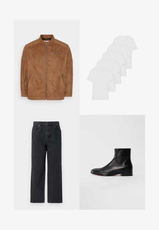 Brown suede jacket with a stand collar, zippered front, and two side pockets. Features quilted shoulder accents and smooth texture.; Six white cotton T-shirts with short sleeves and round necklines arranged in a row, featuring a smooth texture and no visible patterns.; Dark blue denim trousers with a wide leg, five-pocket design, and a button closure. Includes copper-tone hardware and subtle texture.; Black smooth leather ankle boot with low heel and round toe, shown from the side on a white background.