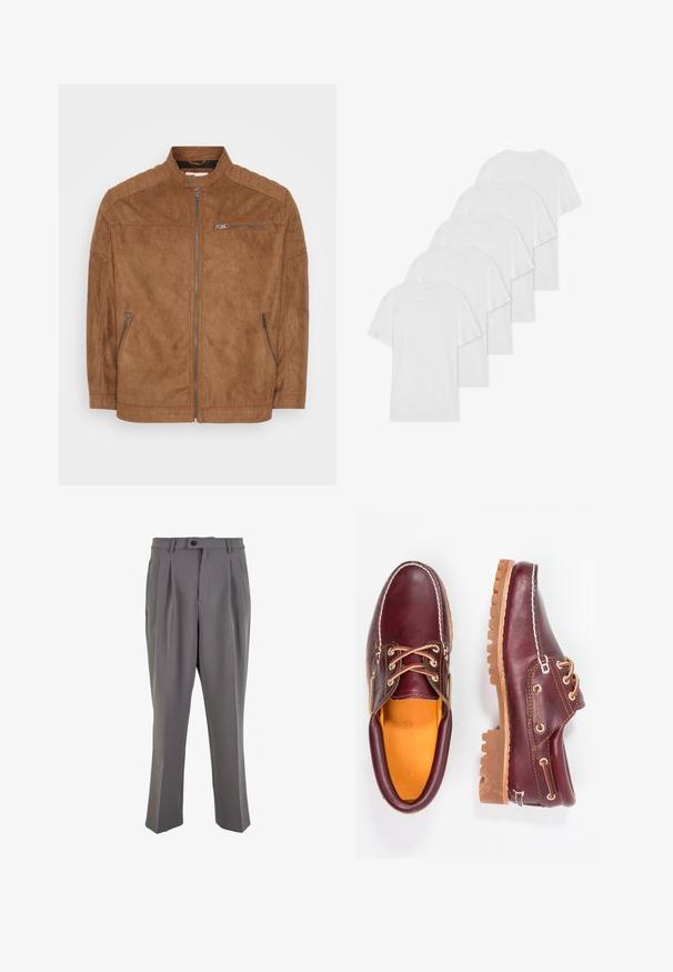 Giacca in suede marrone con colletto alto, chiusura a zip frontale e due tasche laterali. Presenta dettagli imbottiti sulle spalle e una texture liscia.; Sei t-shirt bianche in cotone con maniche corte e scolli tondi disposte in fila, caratterizzate da una texture liscia e senza motivi visibili.; Pantaloni grigi plissettati in tessuto liscio, con taglio dritto, chiusura con un bottone e passanti per cintura. Design minimalista.; Scarpe in pelle bordeaux con suole in gomma marrone, punta rotonda, cuciture bianche e occhielli dorati. L'interno presenta un rivestimento giallo.