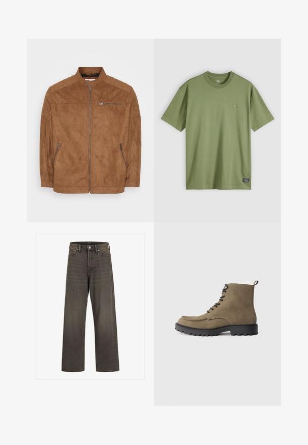 Brun semsket skinnjakke med stående krage, glidelås foran og to sidelommer. Har quiltede skulderdetaljer og glatt tekstur.; Oliven grønn bomulls t-skjorte med rund hals og korte ermer. Har en liten, diskret logo-patch på brystet og et vevd merke på kanten.; Videbukser i mørkegrå denim, med høj talje, klassisk fem-lomme design og kontrasterende syninger langs sømmene.; Tan semsket støvel med svart gummisåle, rund tå, snøring foran og kontrasterende sømmer. Har en løkke ved hælen for enkel påføring.
