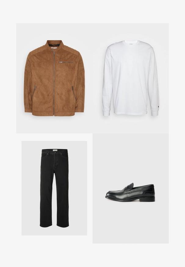 Bruine suede jas met een staande kraag, rits aan de voorkant en twee zijzakken. Bevat gewatteerde schouderaccenten en een gladde textuur.; Witte lange mouwen T-shirt van katoen. Ronde hals ontwerp met ribgebreide manchetten en een klein logo op de linkermouw. Gladde textuur.; Zwarte denim rechte jeans hebben een klassiek vijf-pocket ontwerp met knoopsluiting, minimale stiksels en een zachte textuur.; Zwarte leren instappers met een gladde afwerking, gestikte details over de bovenkant en een licht verhoogde hak.