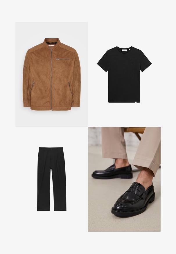 Veste en daim marron avec col montant, fermeture éclair sur le devant et deux poches latérales. Présente des accents matelassés aux épaules et une texture lisse.; T-shirt noir à manches courtes en coton, avec un col rond et un petit logo brodé sur la poitrine. Texture lisse, coupe standard.; Pantalons noirs au design droit, fabriqués à partir d'un tissu lisse. Dotés de plis sur le devant et d'une fermeture à un bouton à la taille.; Mocassins en cuir noir avec une finition lisse, ornés d'une sangle décorative et de coutures contrastées, associés à un pantalon beige.
