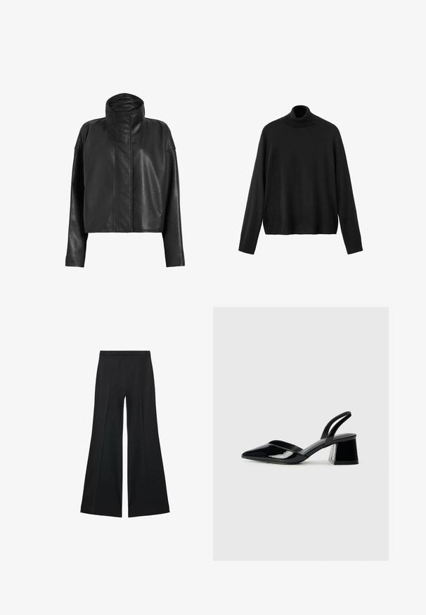 Črna usnjena krača jakna z visokim ovratnikom in ravnimi rokavi. Gladka tekstura, skriti sprednji zadrga in minimalni šivi.; Črni pulover z visokim ovratnikom, narejen iz pletenega materiala, ima dolge rokave, prilegajoč ovratnik in rahlo skrajšan rob. Gladek tekstura, enobarvna.; Črne široke hlače z gladko teksturo, ki imajo sprednje nabore in kroj po meri. Tkanina je lahka in zračna.; Črne lakirane slingback pete s koničastim nosom in geometrijsko blokasto peto. Imajo eleganten, minimalističen dizajn in gladko teksturo.