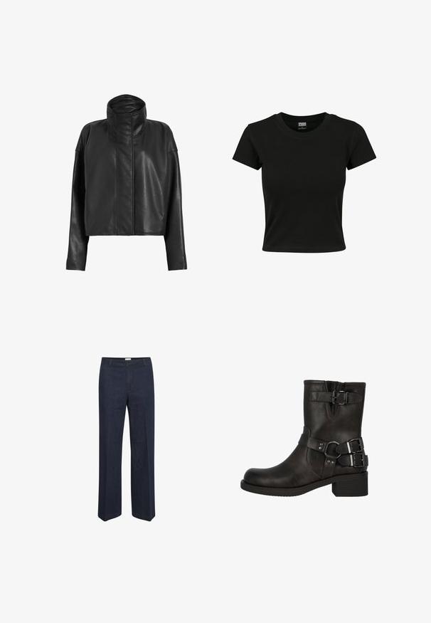 Svart läderkort jacka med hög krage och raka ärmar. Slät textur, dold framdragkedja och minimala sömdetaljer.; Svart kortärmad t-shirt tillverkad av slät bomullsmaterial, med rund halsringning och en figurnära passform. Inga synliga mönster eller dekorationer.; Mörkblå, vida jeans med en klassisk midja och framfickor, utformade för en bekväm passform och mångsidig stil.; Palado OMYLIA - Cowboy- / Bikerstövletter - braun