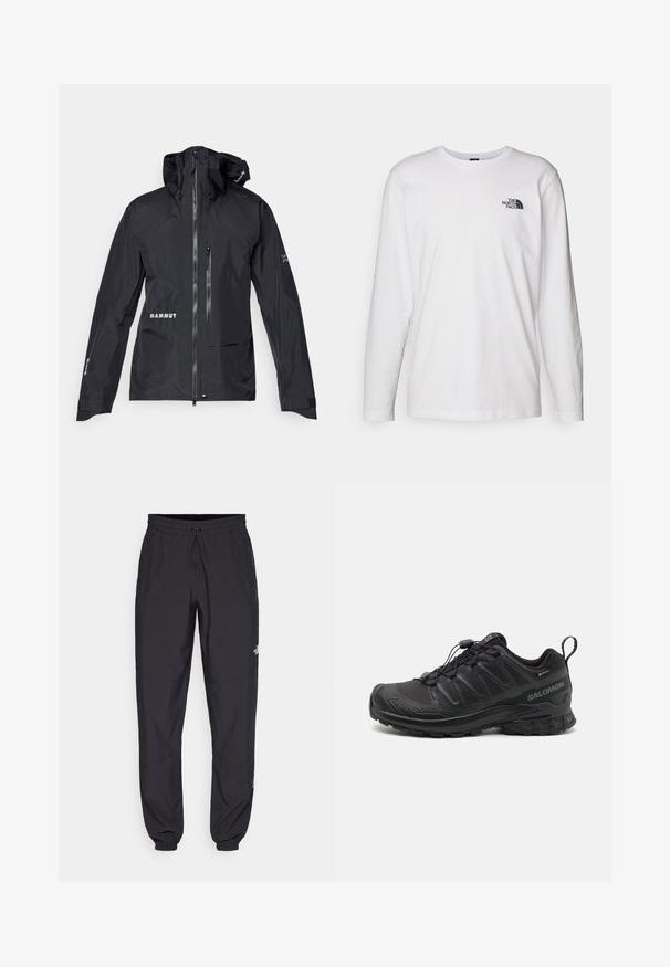 Sort vandtæt jakke med frontlynlås, justerbar hætte og to lynlås-lommer. Har logoet "MAMMUT" på brystet og ærmet.; Hvid langærmet T-shirt lavet af bomuld med rund hals. Har et lille sort logo på brystet. Glat tekstur, almindelig pasform.; Sorte atletiske bukser lavet af letvægtsstof, med en snor i taljen, sidelommer og tapered manchetter ved anklerne.; Sort atletik sko med en struktureret syntetisk overdel, polstret sål og et hurtiglukkesystem. Har forstærket tå og hæl.