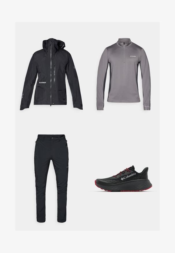 Černá nepromokavá bunda s předním zipem, nastavitelnou kapucí a dvěma kapsami na zip. Na hrudi a rukávu je logo "MAMMUT".; Šedý pulovr s dlouhým rukávem a polovičním zipem, textured látka, kontrastní černé boční panely a malé logo na hrudi.; Černé venkovní kalhoty s rovnou siluetou, vybavené zipovými kapsami, poutky na opasek a lehkým, odolným textilním materiálem.; Černá sportovní bota s texturovaným svrškem, červenými tkaničkami a logem. Silná podrážka s vzorovaným dezénem pro lepší trakci. Minimalistický design, boční pohled.