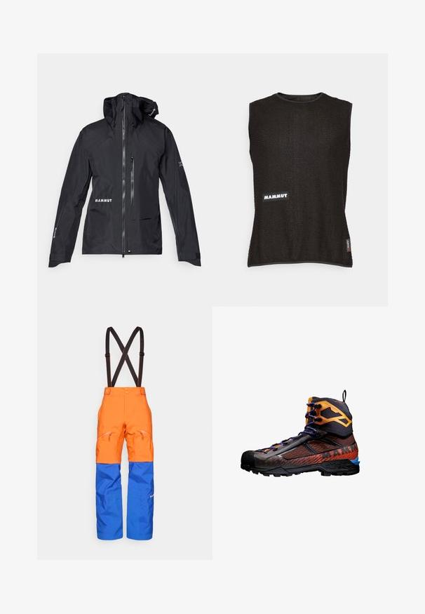 Svart vattentät jacka med frontdragkedja, justerbar huva och två fickor med dragkedja. Har logotypen "MAMMUT" på bröstet och ärmen.; Ärmlös svart topp med texturerat material, med en vit "Mammut"-logotyp och en liten röd accenttag på sidan, rundad halsringning.; Apelsin- och blå vattentäta byxor med svarta justerbara hängslen, framfickor med dragkedja och förstärkta knän för utomhusaktiviteter.; Svart och orange vandringskänga med nät- och gummimaterial. Har blå accenter, texturerade mönster och en hög ankeldesign för stöd.