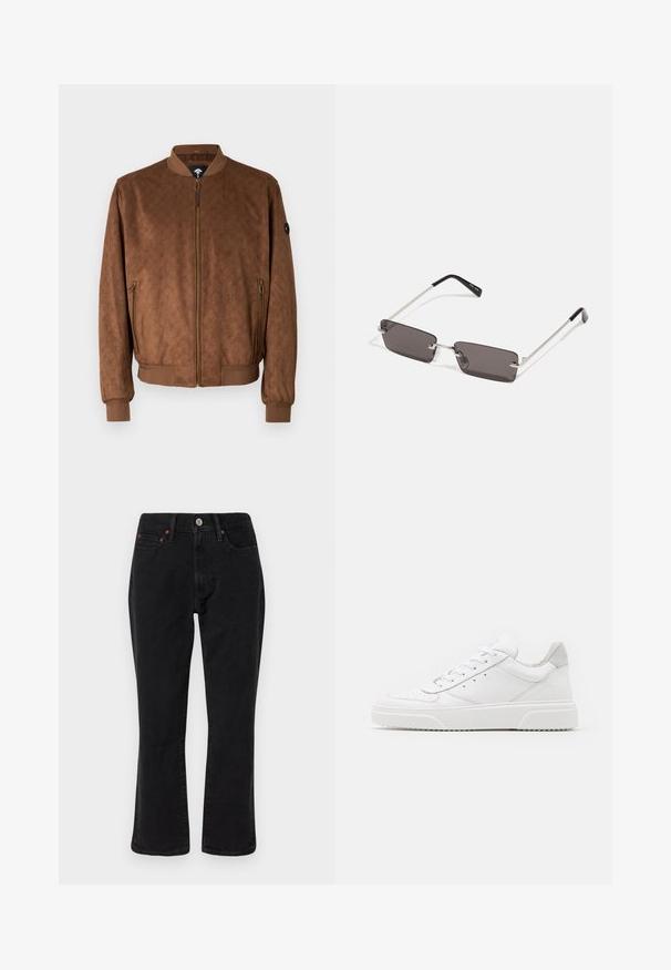 Giubbotto bomber marrone con un motivo testurizzato, chiusura con zip frontale, polsini e orlo a coste, e tasche laterali con zip. Presenta un distintivo con logo sulla manica.; T-shirt bianco in cotone con maniche corte, collo rotondo e una grafica rossa con il testo "FRUTTA DELIZIOSA E RINFRESCANTE" sul davanti.; Jeans in denim nero con una vestibilità a gamba dritta, stile a cinque tasche e accessori in metallo con dettagli in rame. Texture liscia e vita media.; Sneaker bianche in pelle con finitura liscia, punta arrotondata, lacci piatti e suola texturizzata. Accento in suede grigio sul tallone.; Occhiali da sole con lenti rettangolari di colore grigio scuro, montatura in metallo argentato e punte nere in plastica sulle asticelle. Design leggero con cuscinetti per il naso.