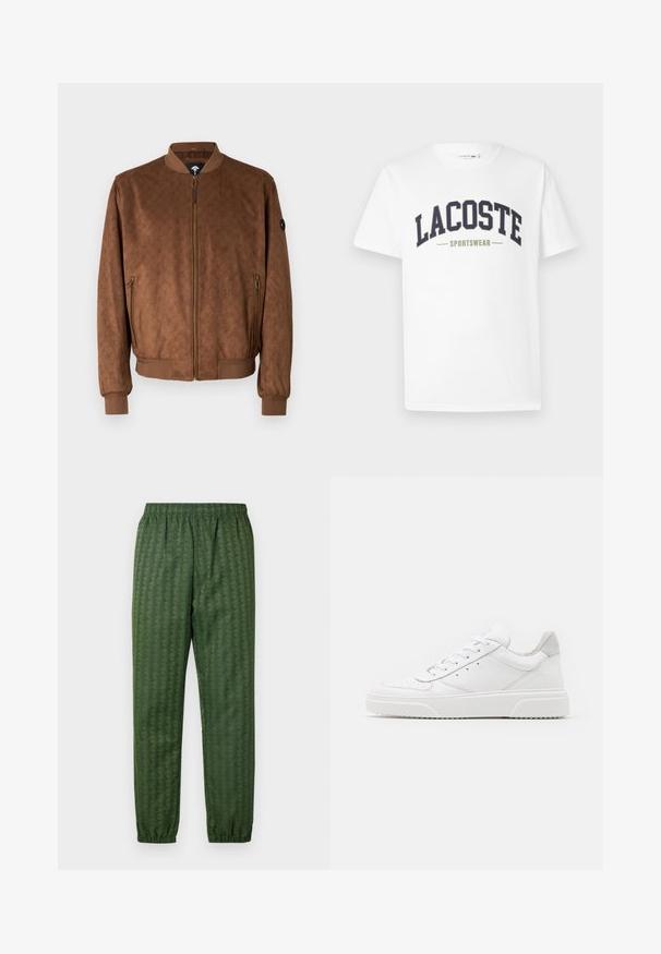 Braune Bomberjacke mit strukturiertem Muster, Reißverschluss vorn, gerippten Bündchen und Saum sowie seitlichen Reißverschlusstaschen. Mit einem Logopatch am Ärmel.; Weißes T-Shirt aus Baumwolle mit einem in gebogener Form auf der Brust gedruckten Logo "LACOSTE SPORTSWEAR" in Marineblau und Olivgrün.; Grüne Sporthose mit Muster, elastischem Bund, schmal zulaufenden Beinen und durchgehend geometrischem Design. Hergestellt aus leichtem Material.; Weiße Leder-Sneaker mit glatter Oberfläche, rundem Zehenbereich, flachen Schnürsenkeln und strukturiertem Schuhsohlen. Graues Wildleder-Detail an der Ferse.