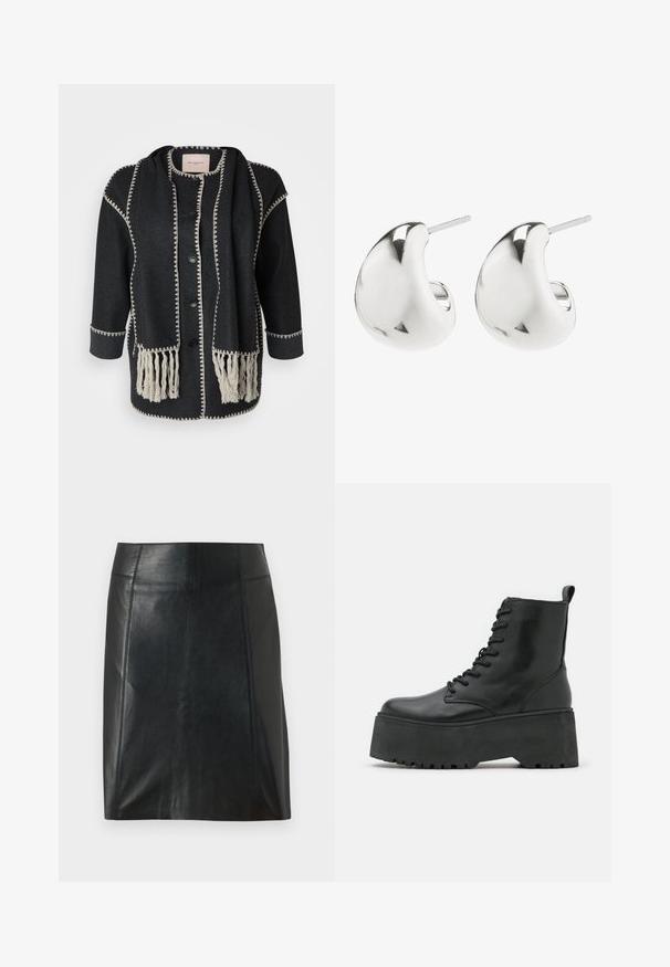 Tamsiai pilkas vilnonius kardiganas su mygtukais, kontrastinga grietinėlės spalvos apdaila ir fruginė apdaila. Yra trijų ketvirčių rankovės ir laisvas dizainas.; Balta raukšlėta liemenėlė be rankovių, su apvaliu iškirpimu, tiesiu apvadu ir lygiu, elastingu audiniu.; Juodas odinis sijonas su prigludusia forma. Sklandžiai tekstūra, siūlės apibrėžiančios formą ir tiesus apvadas. Minimalistiškas ir elegantiškas išvaizda.; Juodos aulinės batai su masyviu platformos padu, pagaminti iš minkštos odos, su raištelių dizainu ir užtrauktuku gale.; Sidabriniai auskarai su glotnia, lenkta forma. Jie turi poliruotą paviršių ir kaištinę užsegimą, kad būtų saugu juos nešioti.