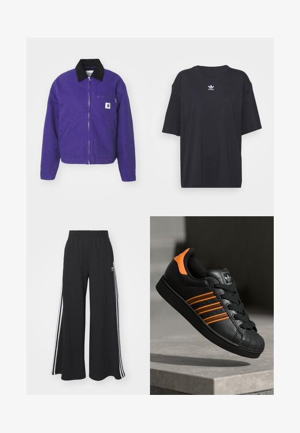 Carhartt WIP DETROIT JACKET - Jas - aura/black; Zwarte katoenen T-shirt met korte mouwen, ronde halslijn, voorzien van een wit Adidas-logo op de borst. Eenvoudig ontwerp, comfortabele pasvorm.; Zwarte wijde sweatpants met een elastische tailleband, met witte zijstrepen en een geborduurd logo op de linker dij.; Zwarte sneaker met oranje accenten, drie horizontale strepen, bovenwerk van textuurlak, rubberen neuzen en zwarte veters.