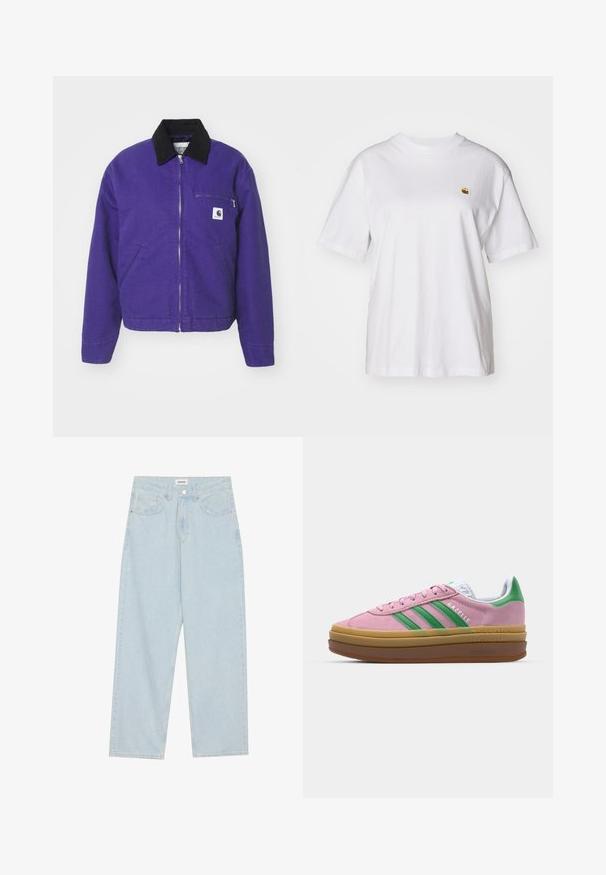 Carhartt WIP DETROIT JACKET - Light jacket - aura/black; White cotton t-shirt with a relaxed fit, short sleeves, and a small embroidered logo on the left chest area.; Light blue wide-leg jeans made of denim, featuring a mid-rise waist, five pockets, and a button closure with a slim metal accent.; Pink suede sneakers with green stripes, white accents, and a brown rubber sole. Features textured fabric and logo detailing on the side.