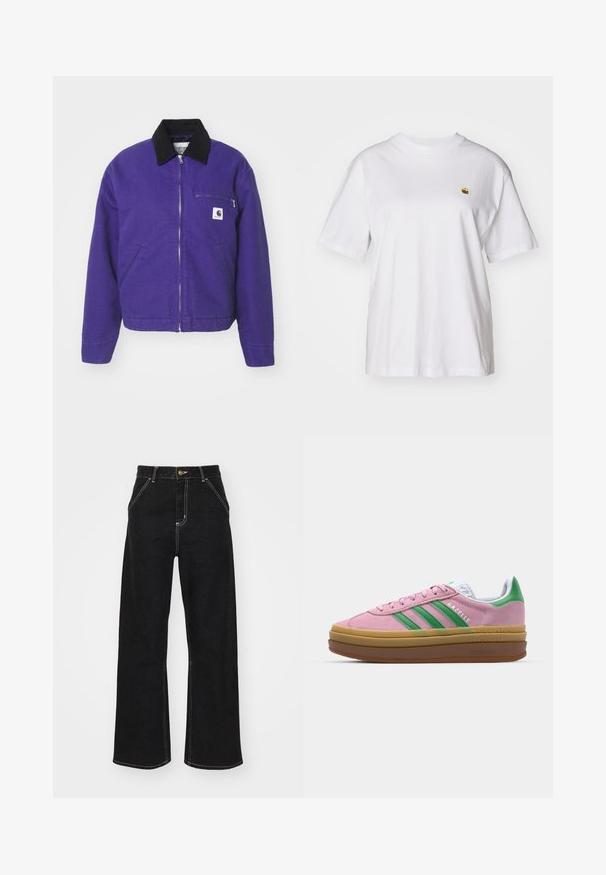 Carhartt WIP DETROIT JACKET - Lagana jakna - aura/black; Bijela pamučna majica s opuštenim krojem, kratkim rukavima i malim izvezenim logom na lijevoj strani prsnog dela.; Crne široke traperice izrađene od denima, s kontrastnim bijelim šavovima i prednjim kopčanjem na dugme, s dva koso oblikovana prednja džepa.; Roze suede tenisice s zelenim trakama, bijelim detaljima i smešnim gumiranim potplatima. Imaju teksturirani materijal i logo detalje sa strane.